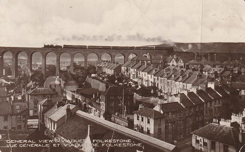UK TRAIN ON RAILWAY VIADUCT FOLKESTONE KENT REAL PHOTO POSTCARD