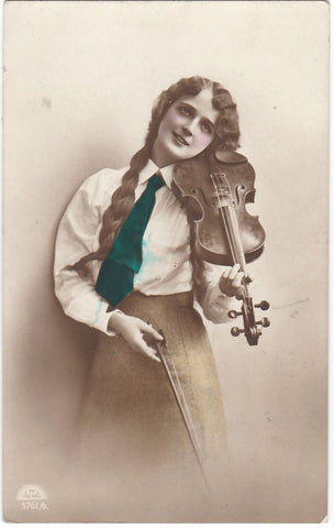 GIRL PLAYING VIOLIN HAND-COLOURED REAL PHOTO POSTCARD