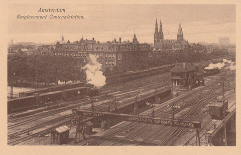 NETHERLANDS CENTRAL TRAIN STATION & CONTROL BOX SEPIA TONED POSTCARD