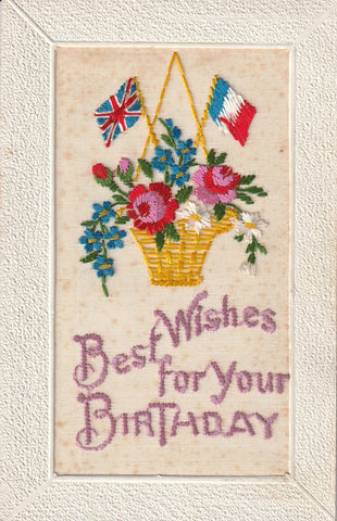 SILK BIRTHDAY GREETINGS FRENCH & BRITISH FLAGS POSTCARD