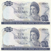 NZ WILKS CONSEC PAIR 10 DOLLARS BANKNOTES ND(1968-75) P.166b UNC